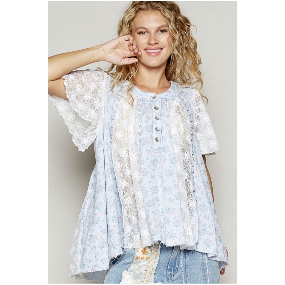 POL Blue Floral Print Lace Button Faux Pearl Detail Blouse